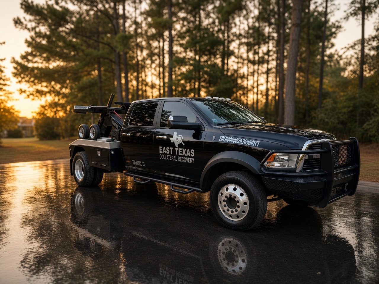 East Texas Collateral Recovery black tow truck among pine trees at sunset
